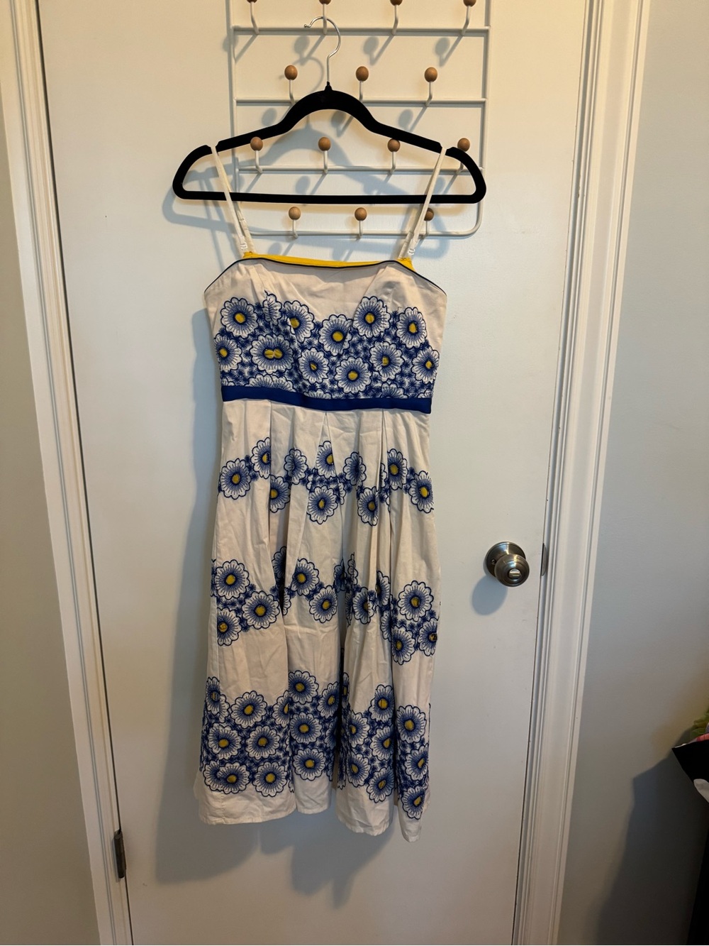 Moulinette Soeurs White Dress with Blue and Yellow Floral Embroidery